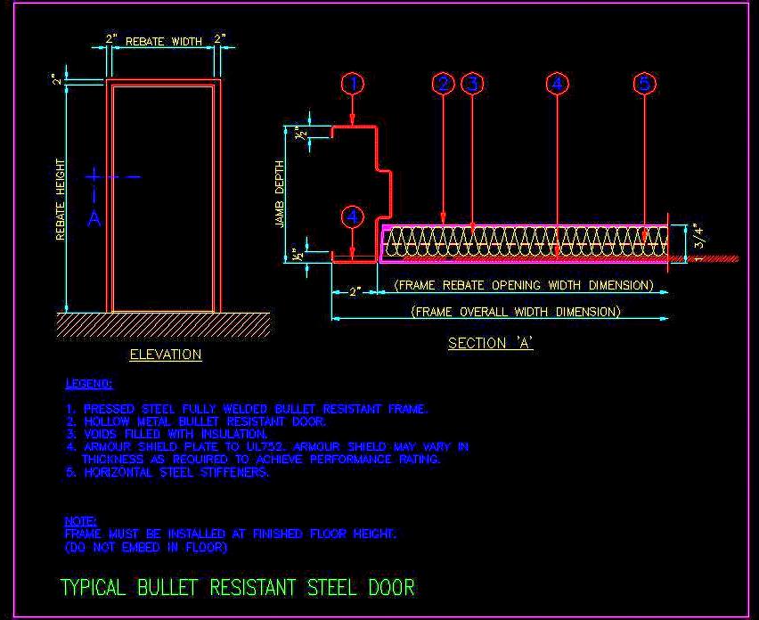 Bullet Resistant Steel Door CAD- Elevation & Section Details